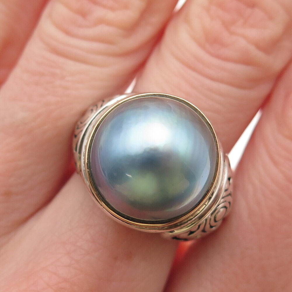 Chapal Zenray 925 Sterling Silver 14K Gold Vintage Real Pearl Ornate Ring Size 8